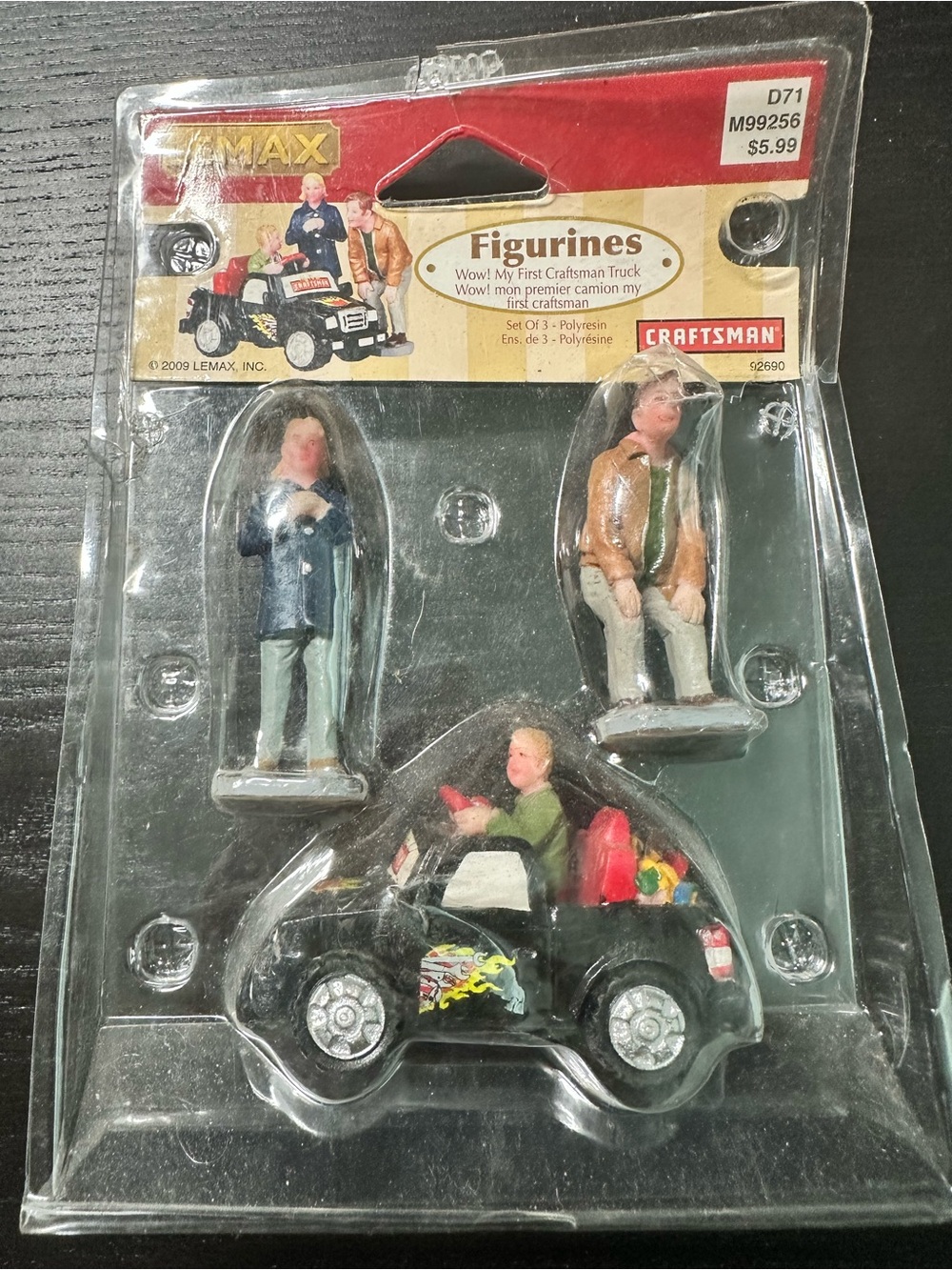 Lemax Black Truck with Red Gifts and Three Hand-Painted Figurines